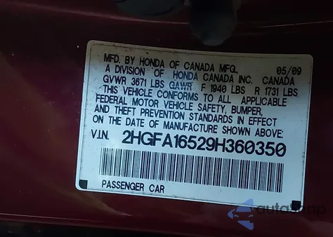 2009 Honda Civic Lx from USA, damaged, VIN 2HGFA16529H360350